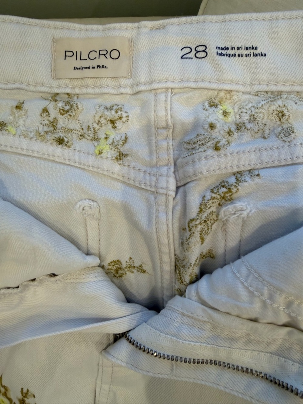 Anthropologie cream barrel Pants with Yellow/green Floral Embroidery - Picture 9 of 16